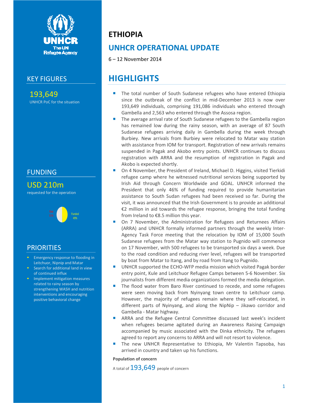 ETHIOPIA UNHCR OPERATIONAL UPDATE 6 – 12 November 2014