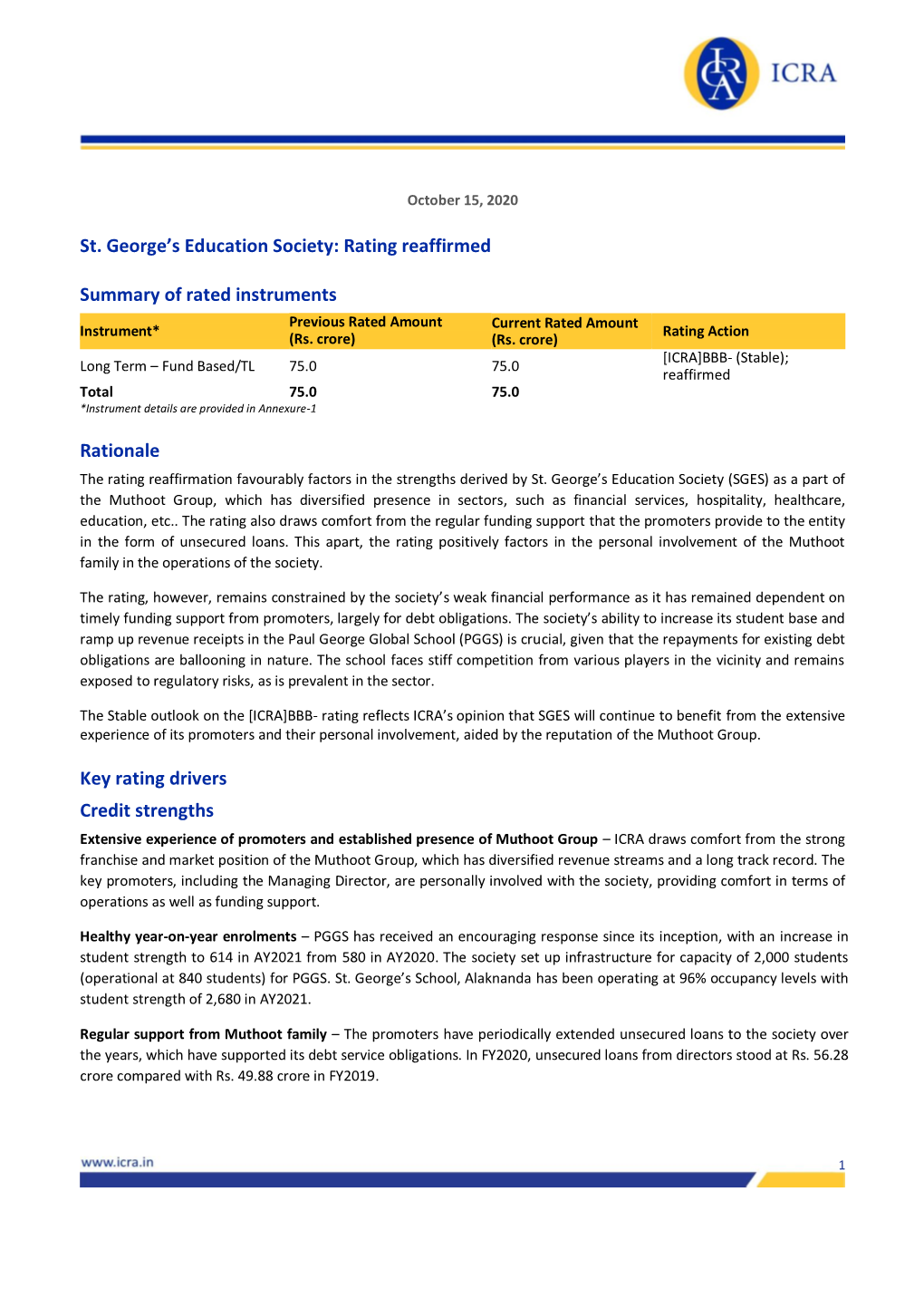 St. George's Education Society: Rating Reaffirmed