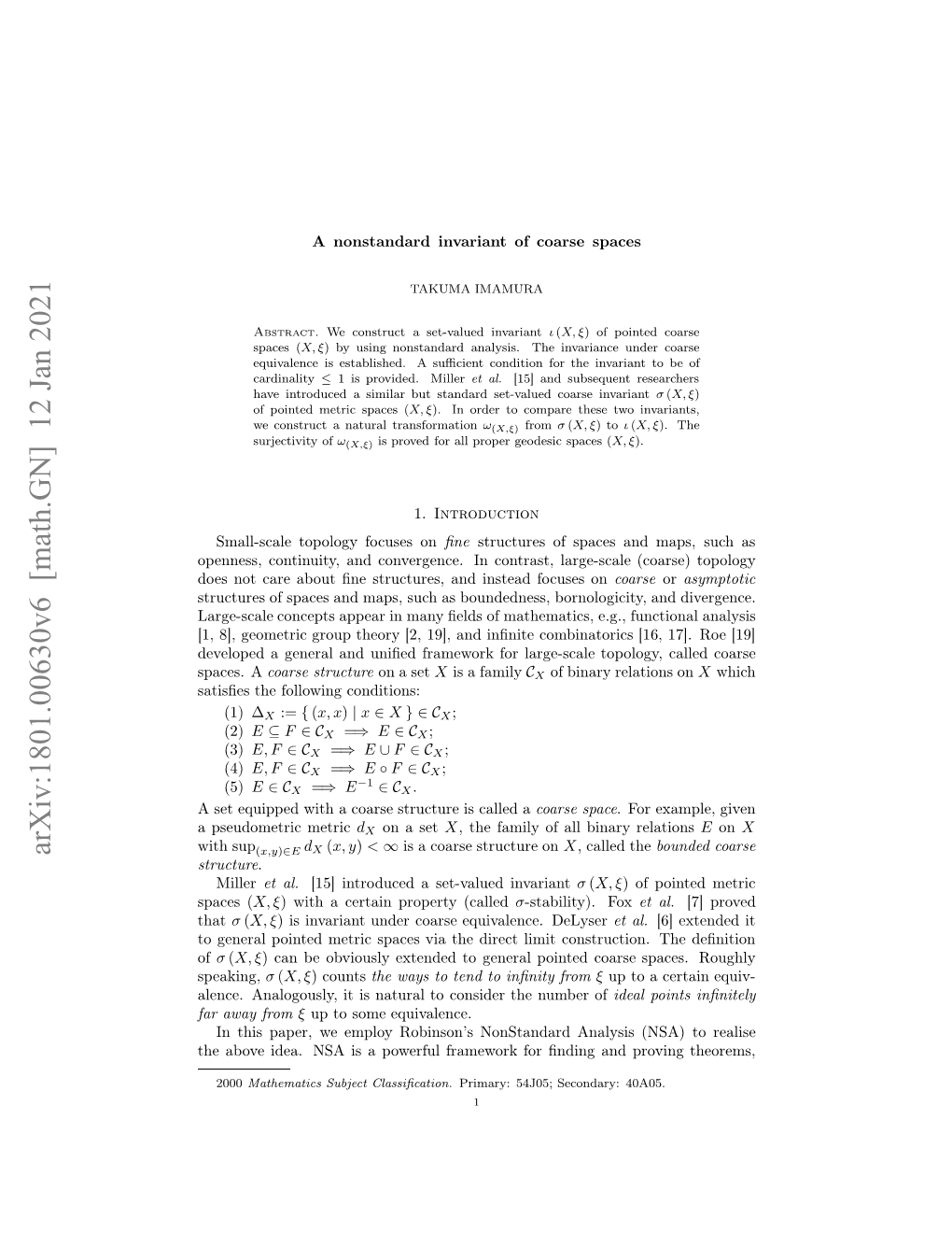 Arxiv:1801.00630V6 [Math.GN] 12 Jan 2021 Eeoe Eea N Nﬁdfaeokfrlresaeto Large-Scale for Framework Combinat Uniﬁed a Inﬁnite and and Spaces