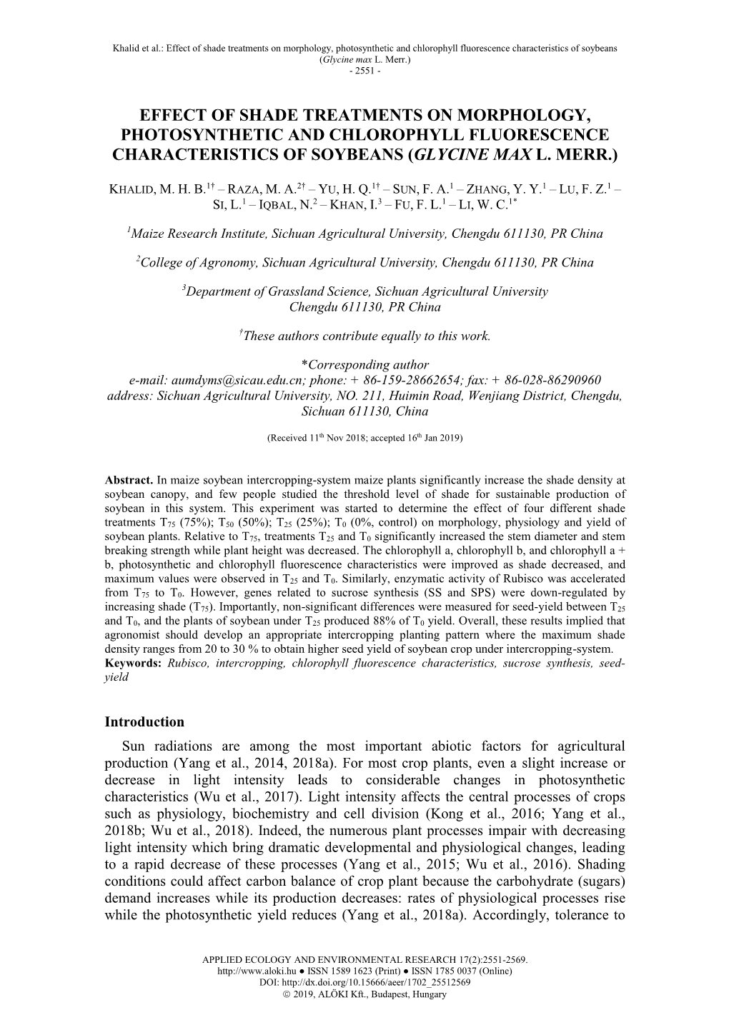 Effect of Shade Treatments on Morphology, Photosynthetic and Chlorophyll Fluorescence Characteristics of Soybeans (Glycine Max L