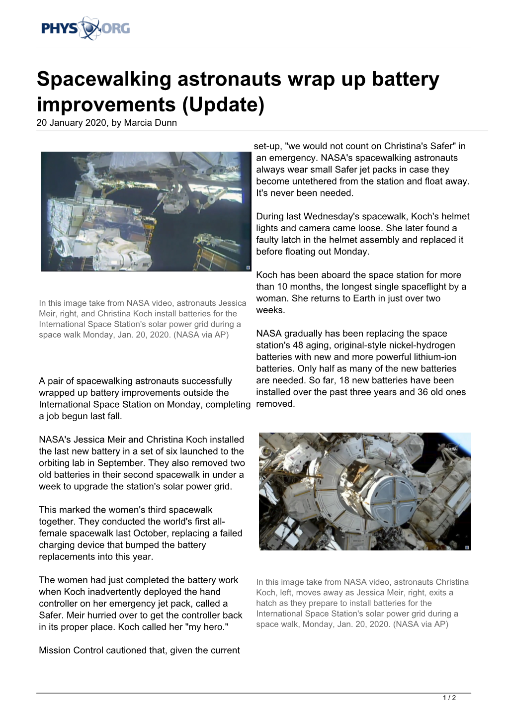 Spacewalking Astronauts Wrap up Battery Improvements (Update) 20 January 2020, by Marcia Dunn