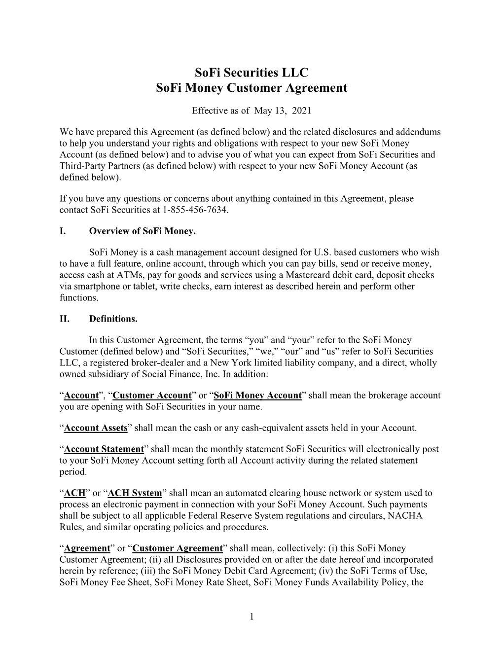 Sofi Securities LLC Sofi Money Customer Agreement