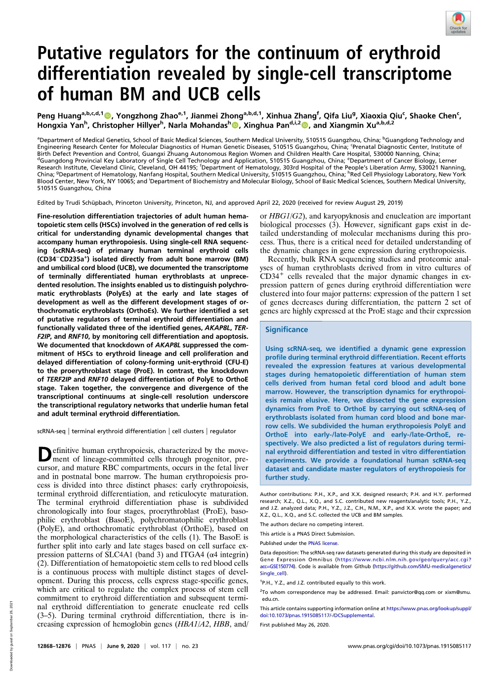 Putative Regulators for the Continuum of Erythroid Differentiation Revealed by Single-Cell Transcriptome of Human BM and UCB Cells