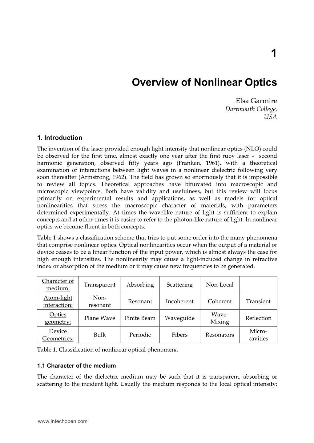 Overview of Nonlinear Optics Elsa Garmire Dartmouth College, USA
