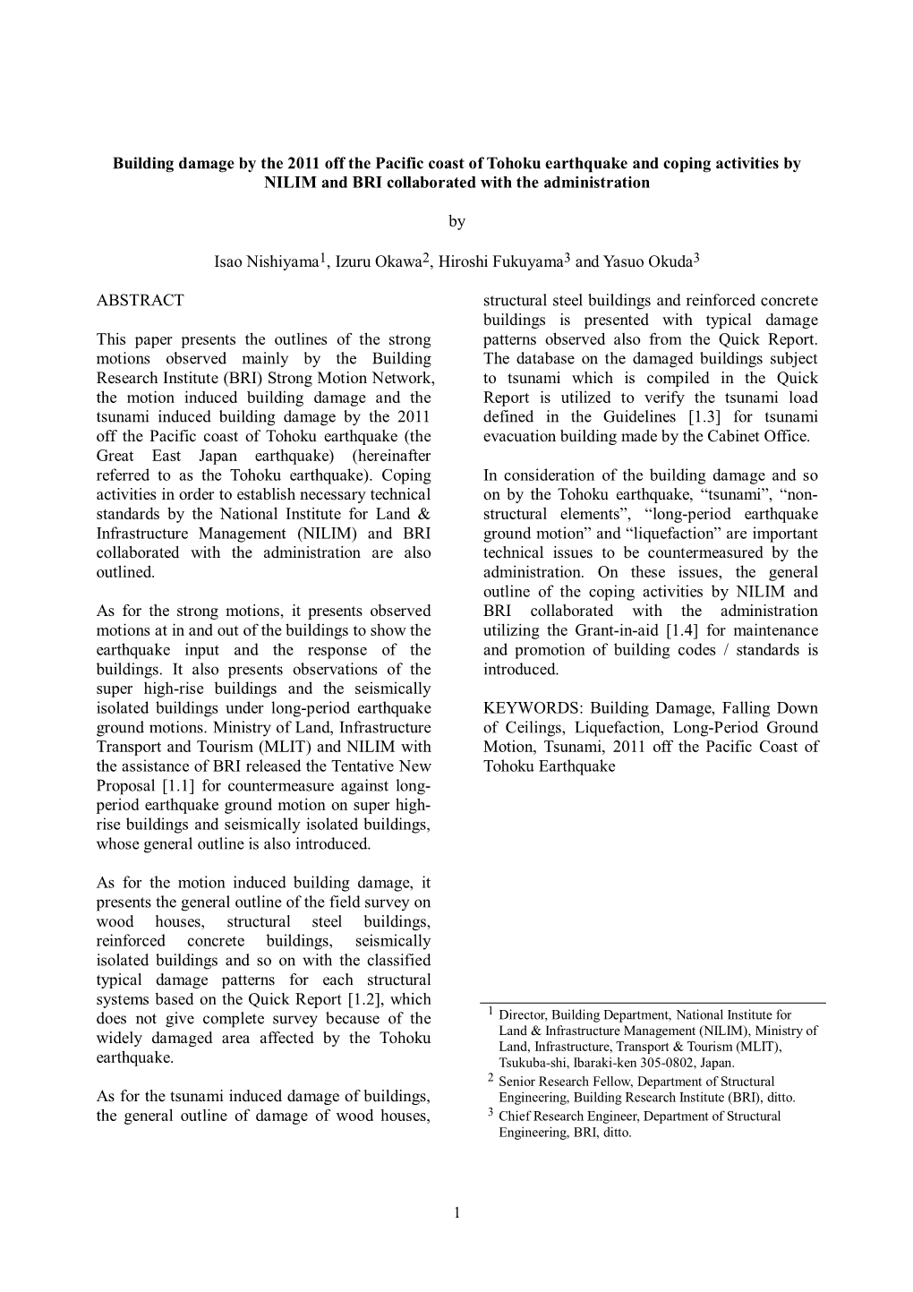 Building Damage by the 2011 Off the Pacific Coast of Tohoku Earthquake and Coping Activities by NILIM and BRI Collaborated with the Administration