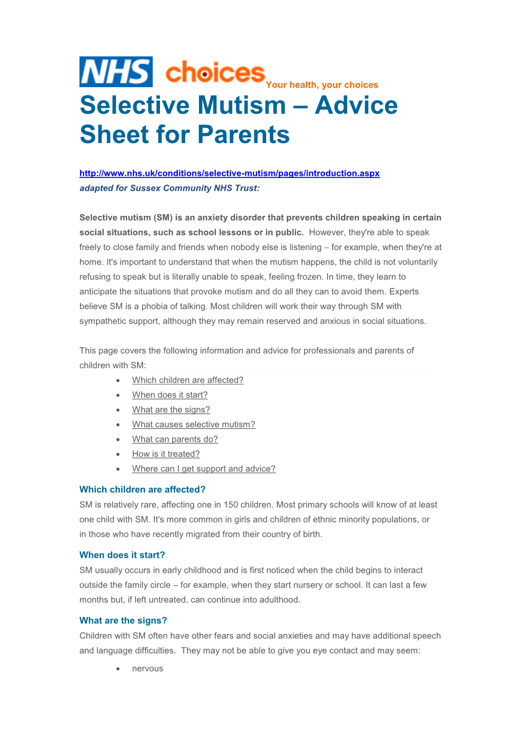 Selective Mutism – Advice Sheet for Parents Adapted for Sussex Community NHS Trust