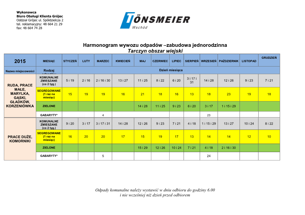 Harmonogram Wywozu Odpadów –Zabudowa Jednorodzinna Tarczyn Obszar Wiejski 2015