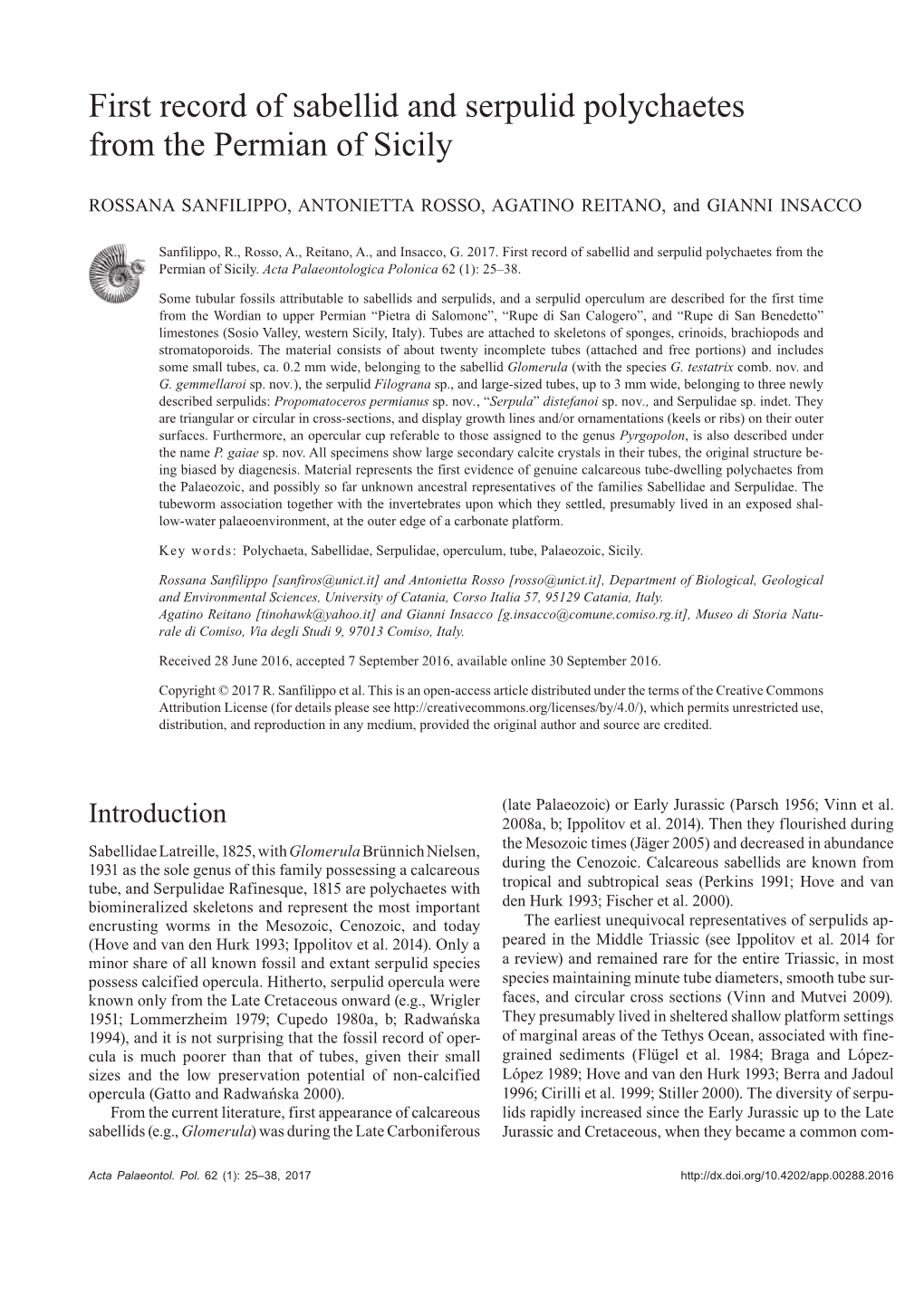 First Record of Sabellid and Serpulid Polychaetes from the Permian of Sicily