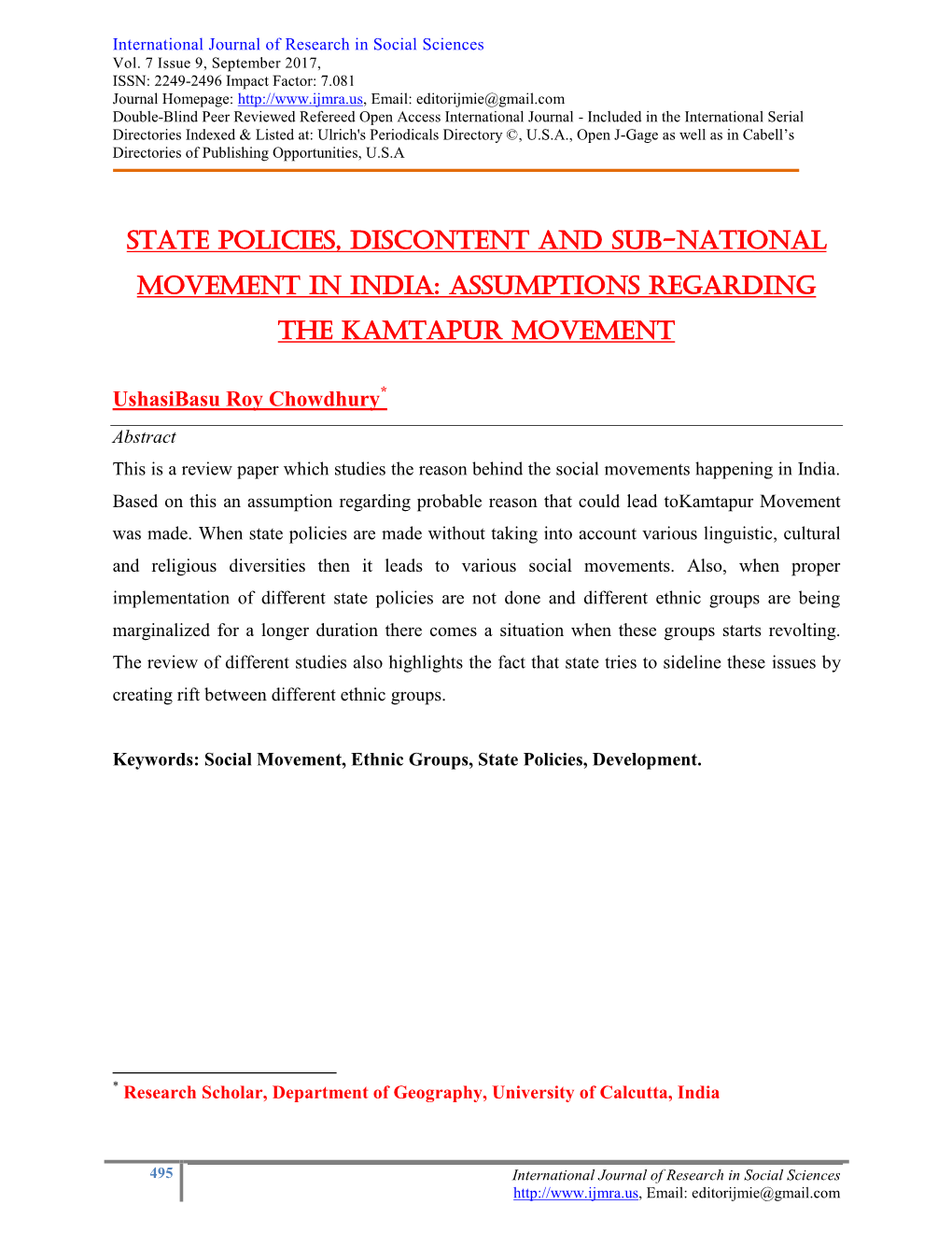 State Policies, Discontent and Sub-National Movement in India: Assumptions Regarding the Kamtapur Movement