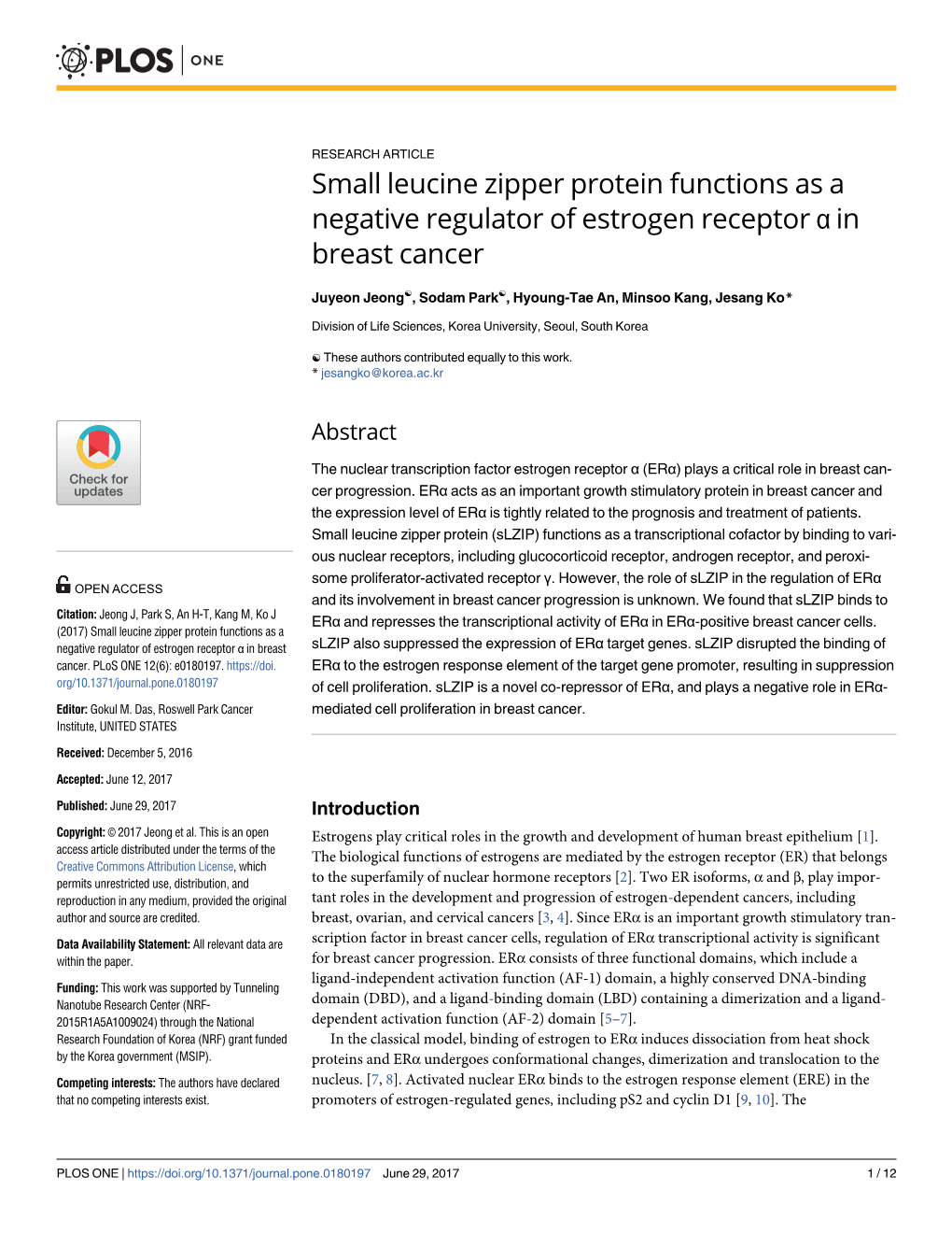 Small Leucine Zipper Protein Functions As a Negative Regulator of Estrogen Receptor Α in Breast Cancer