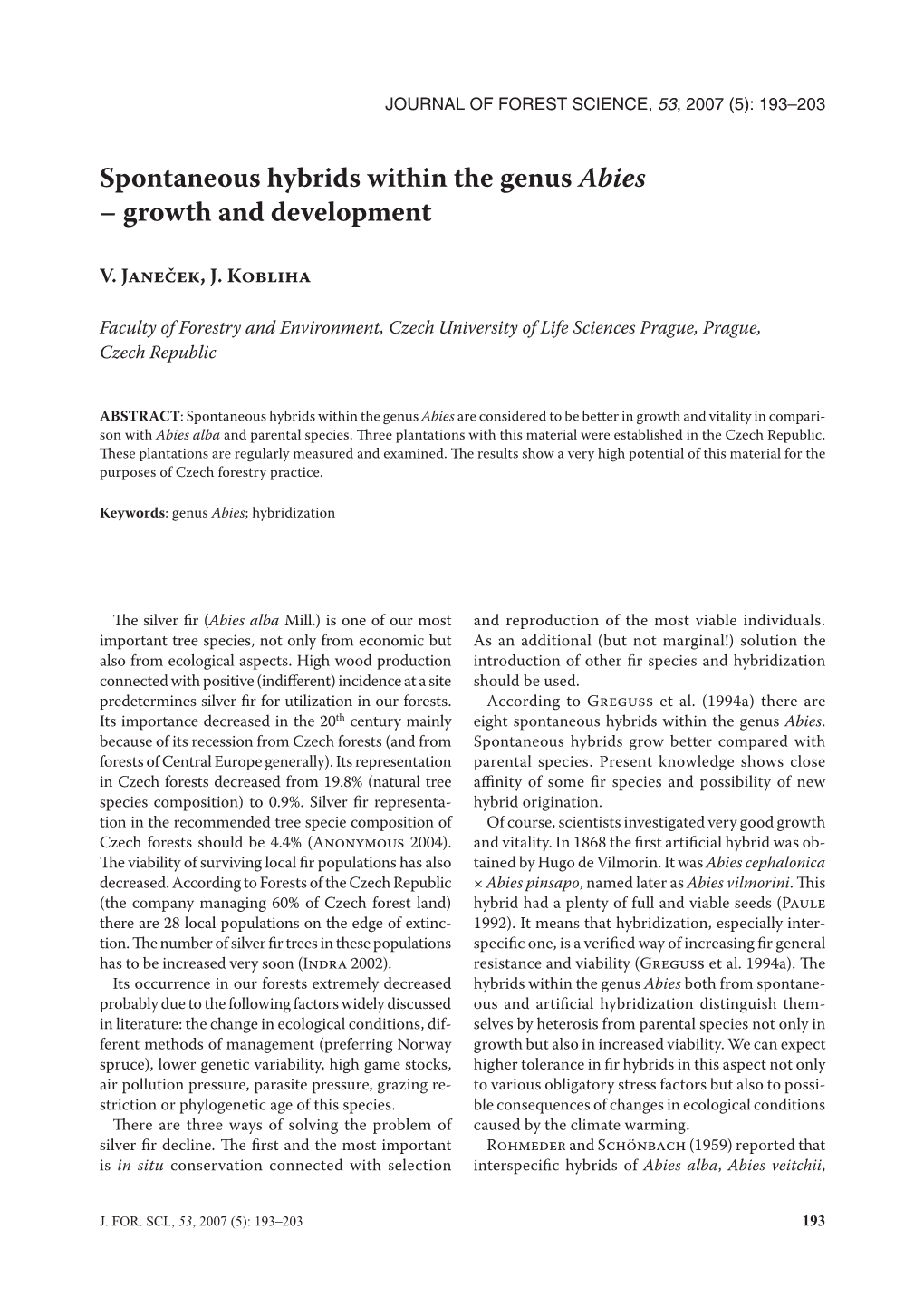 Spontaneous Hybrids Within the Genus Abies – Growth and Development