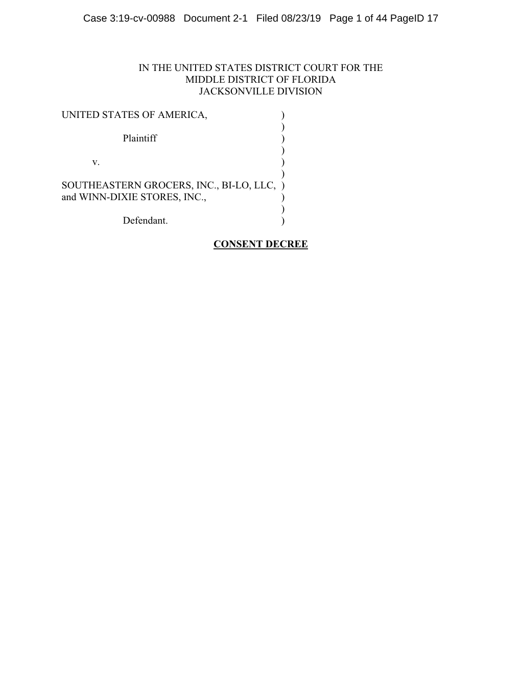 In the United States District Court for the Middle District of Florida Jacksonville Division