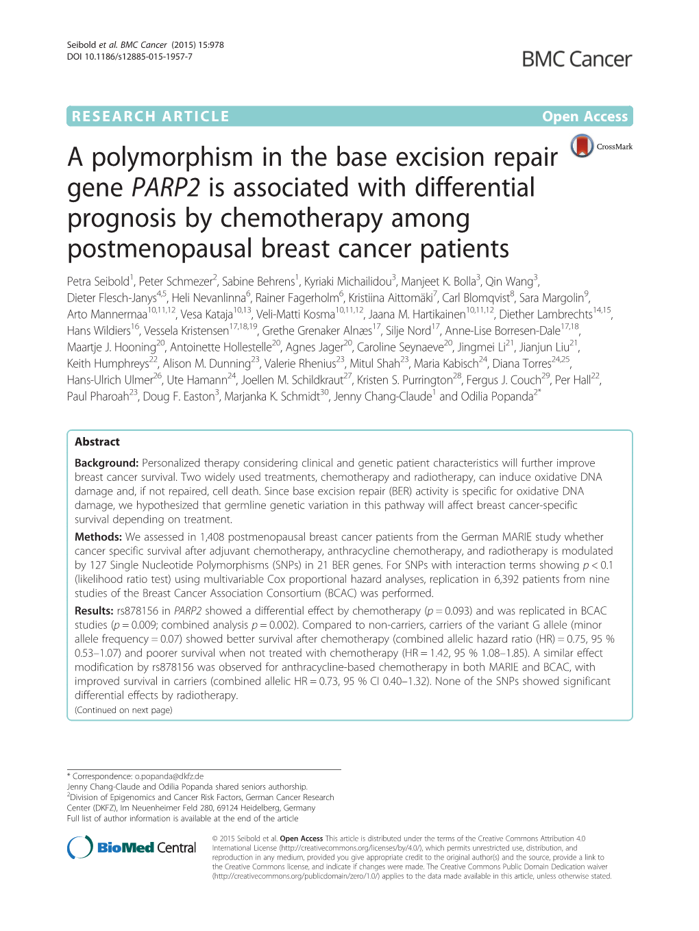 A Polymorphism in the Base Excision Repair Gene PARP2 Is Associated