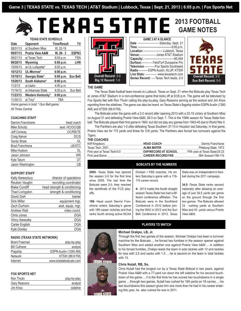 2013 Football Game Notes