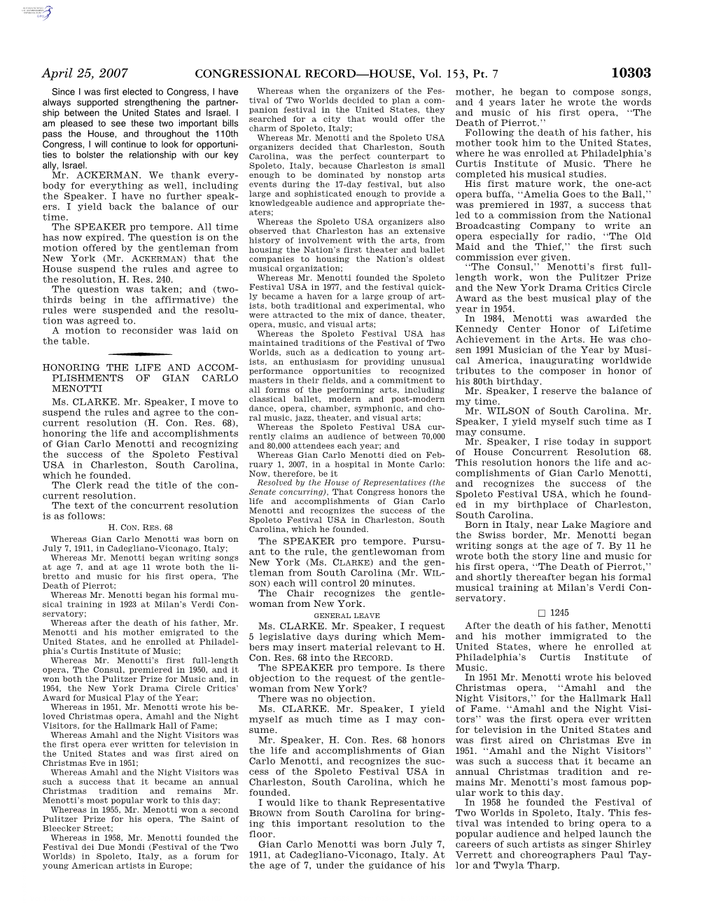 CONGRESSIONAL RECORD—HOUSE, Vol. 153, Pt. 7 April 25, 2007 in 1977 He Founded Its Companion Fes- Was Writing Songs, but I Wasn’T