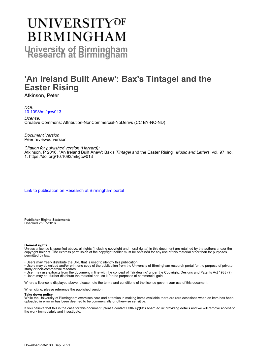 'An Ireland Built Anew': Bax's Tintagel and the Easter Rising Atkinson, Peter
