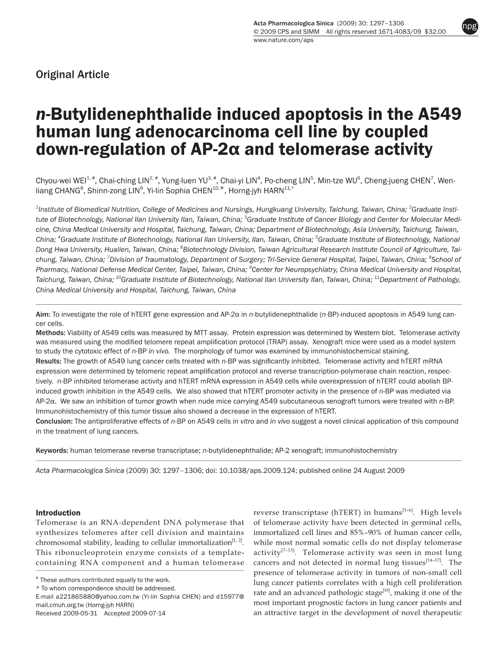 N-Butylidenephthalide Induced Apoptosis in the A549 Human Lung Adenocarcinoma Cell Line by Coupled Down-Regulation of AP-2Α and Telomerase Activity