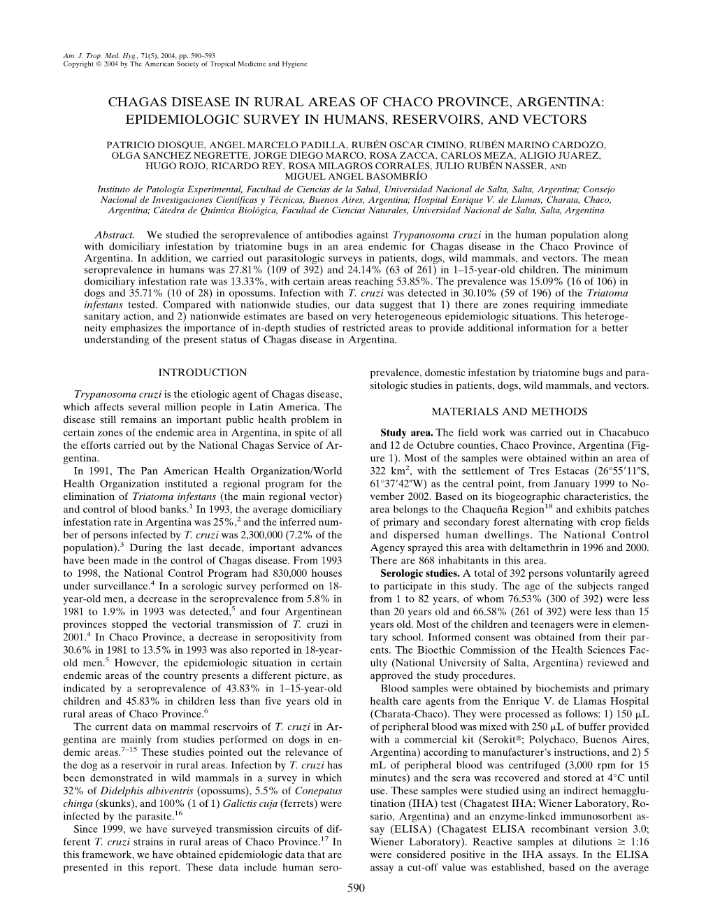 Chagas Disease in Rural Areas of Chaco Province, Argentina: Epidemiologic Survey in Humans, Reservoirs, and Vectors