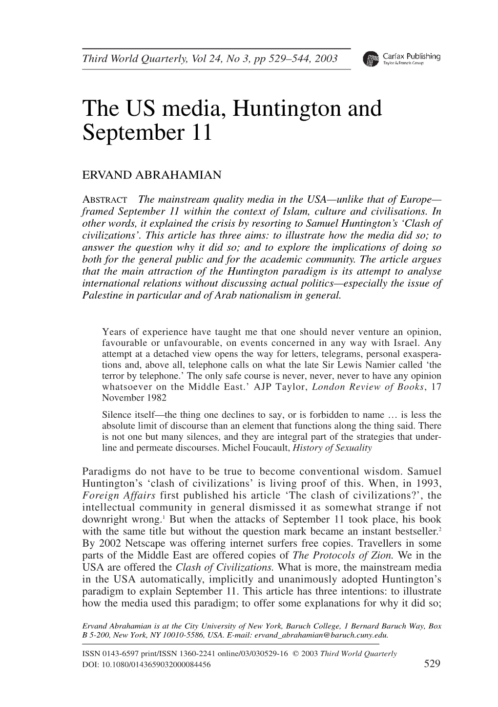 The US Media, Huntington and September 11