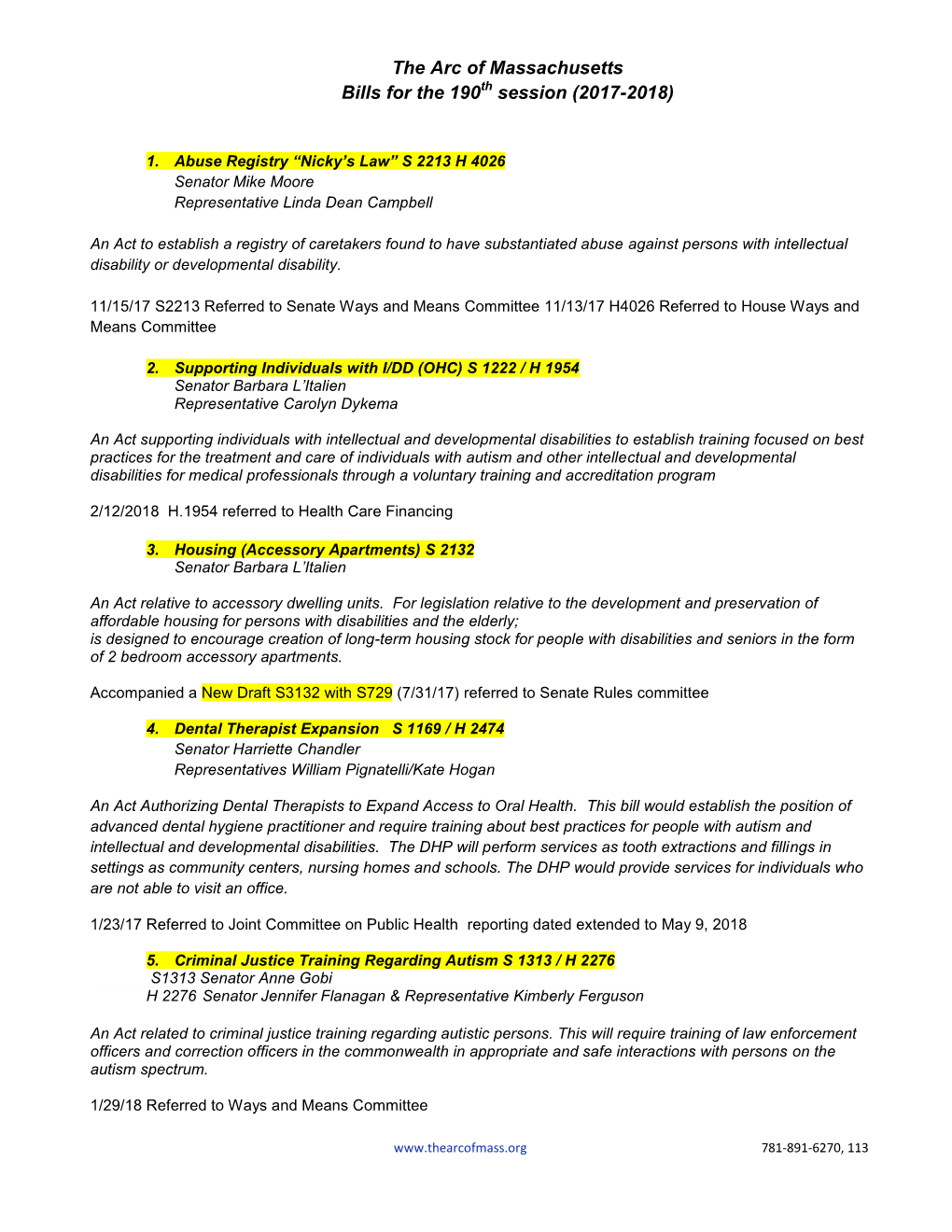 The Arc of Massachusetts Bills for the 190 Session (2017-2018)