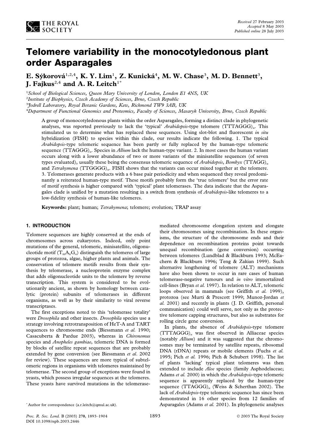 Telomere Variability in the Monocotyledonous Plant Order Asparagales E