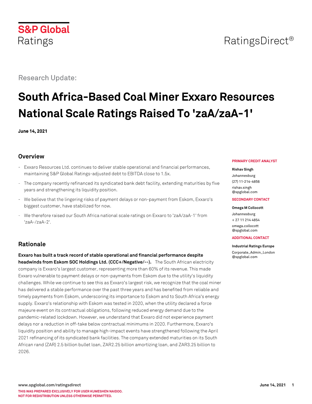 South Africa-Based Coal Miner Exxaro Resources National Scale Ratings Raised to 'Zaa/Zaa-1'