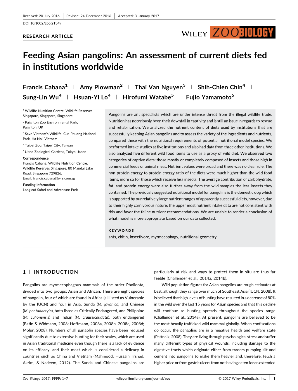 Feeding Asian Pangolins: an Assessment of Current Diets Fed in Institutions Worldwide