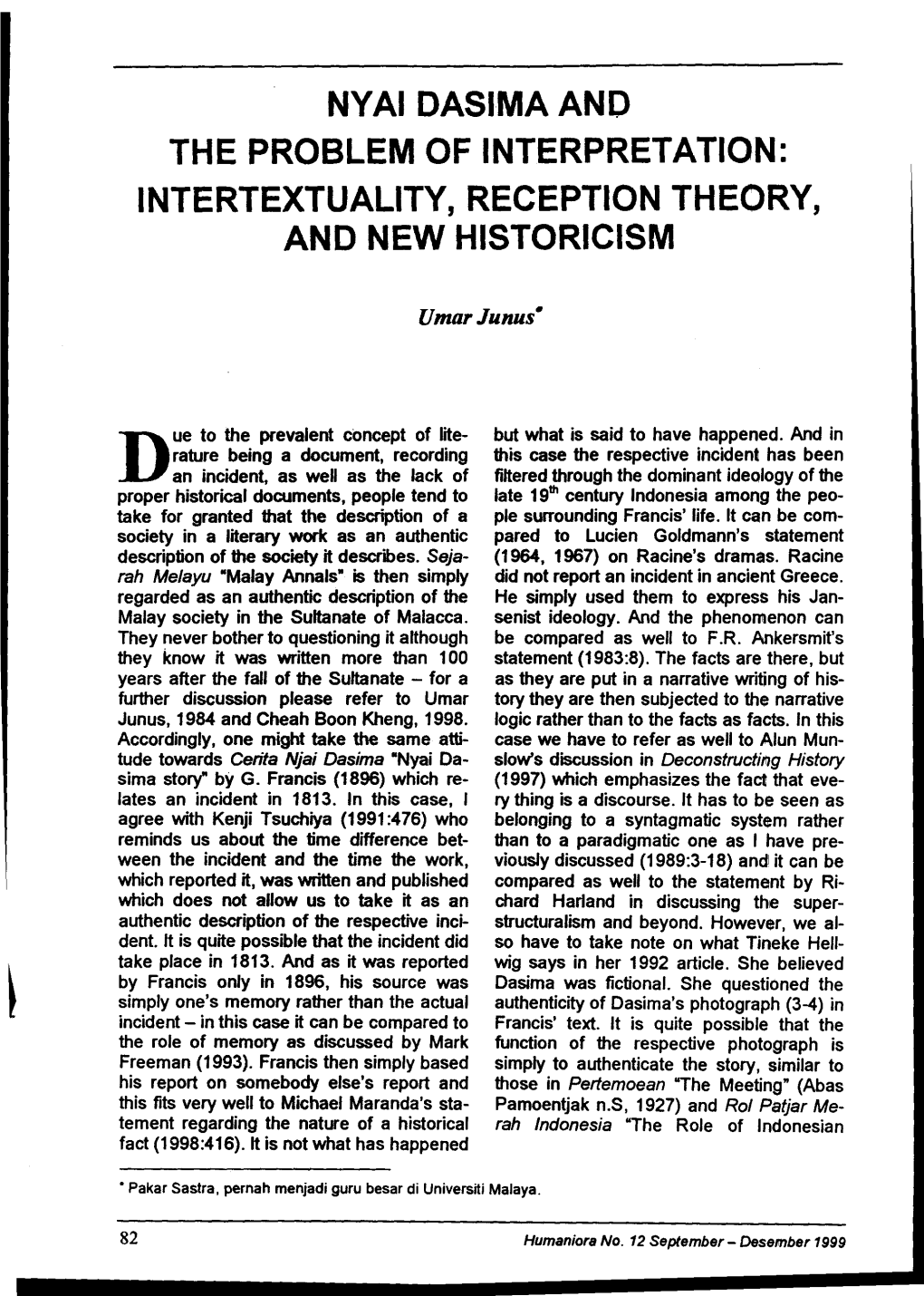 Nyai Dasima and the Problem of Interpretation : Intertextuality, Reception Theory, and New Historicism