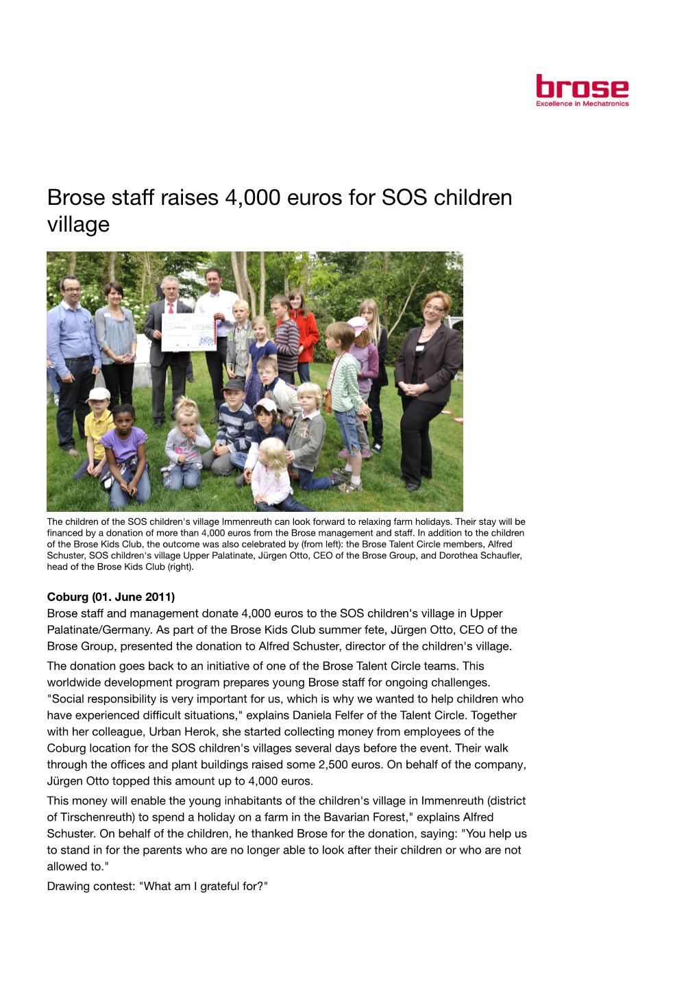 Brose Staff Raises 4,000 Euros for SOS Children Village