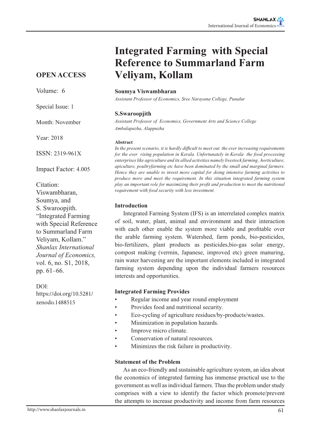 Integrated Farming with Special Reference to Summarland Farm OPEN ACCESS Veliyam, Kollam