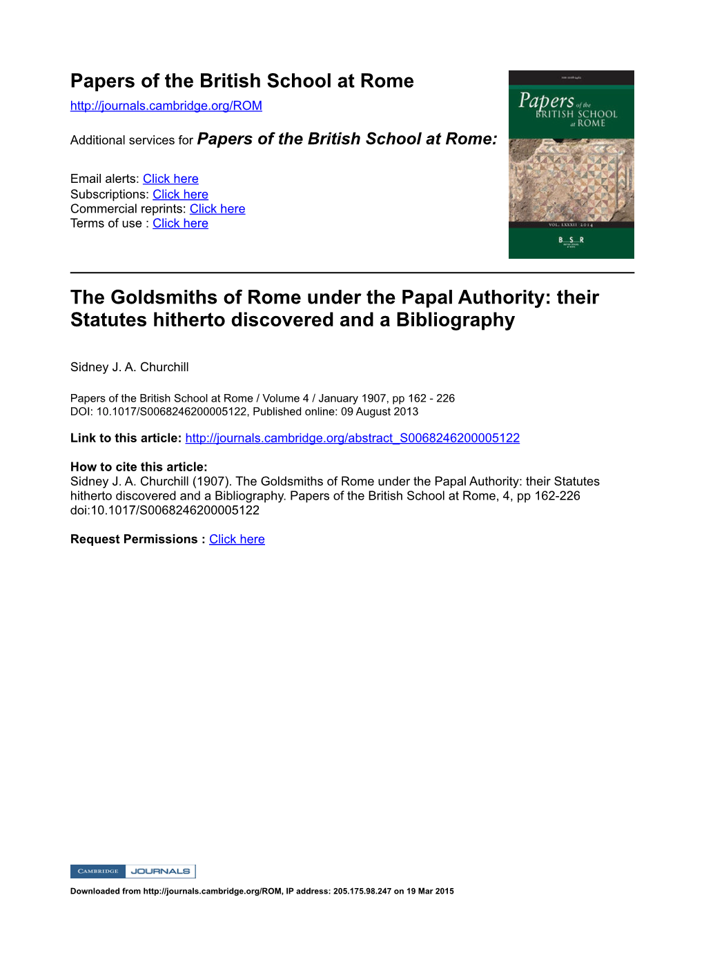 Papers of the British School at Rome the Goldsmiths of Rome