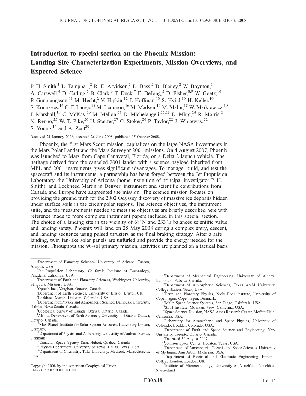 Introduction to Special Section on the Phoenix Mission: Landing Site Characterization Experiments, Mission Overviews, and Expected Science