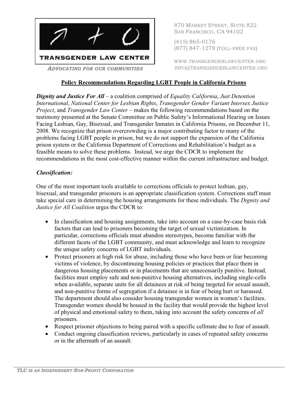 Policy Recommendations Regarding LGBT People in Prison
