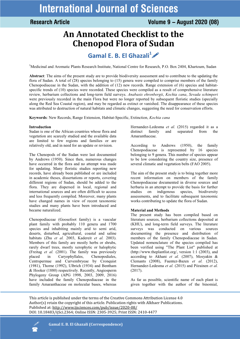 An Annotated Checklist to the Chenopod Flora of Sudan Gamal E