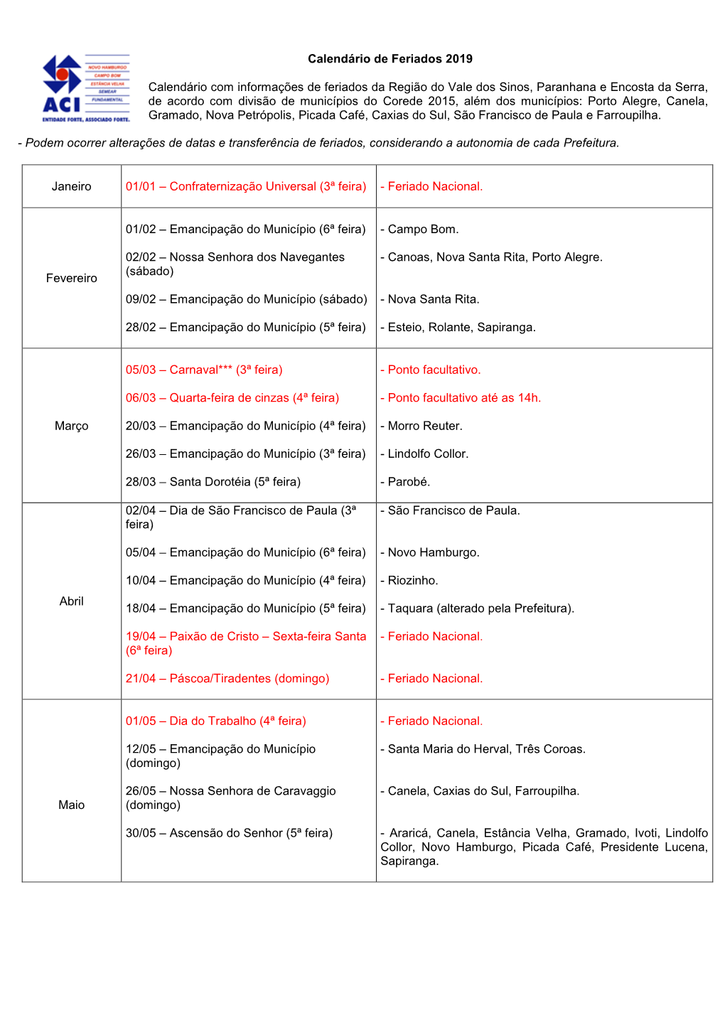 Calendário De Feriados 2019