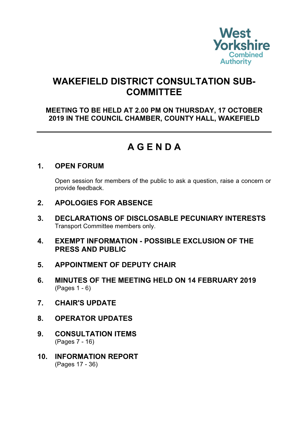(Public Pack)Agenda Document for Wakefield District Consultation Sub-Committee, 17/10/2019 14:00