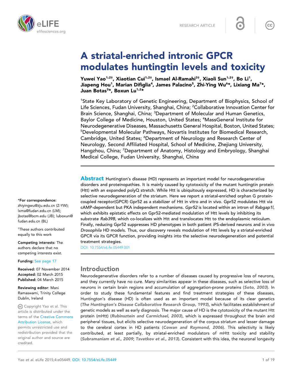 A Striatal-Enriched Intronic GPCR Modulates Huntingtin Levels And