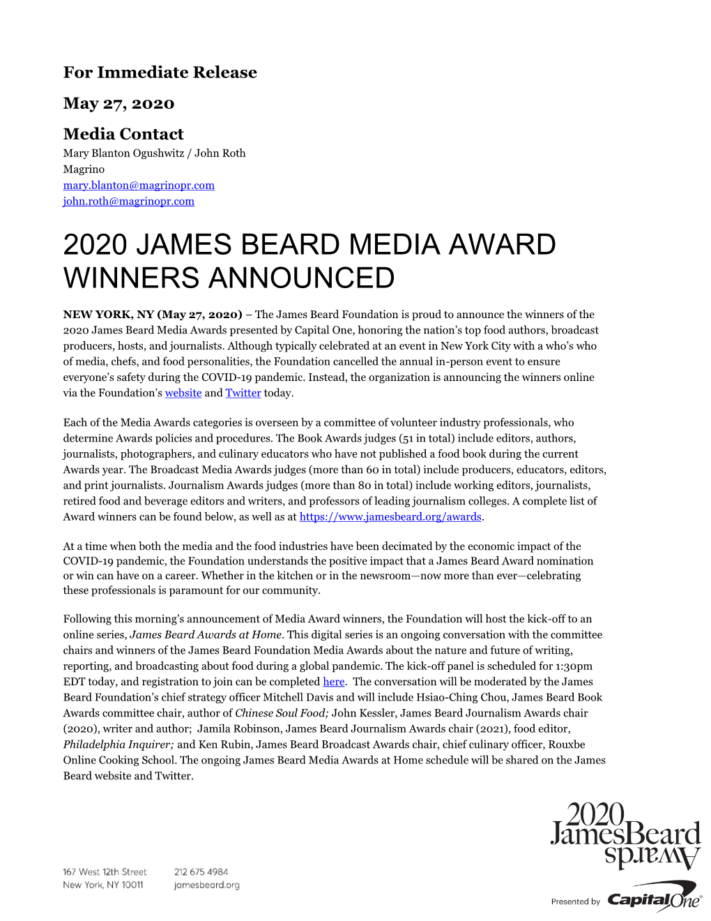 2020 James Beard Media Award Winners Announced