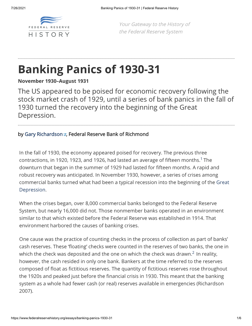 Banking Panics of 1930-31 | Federal Reserve History