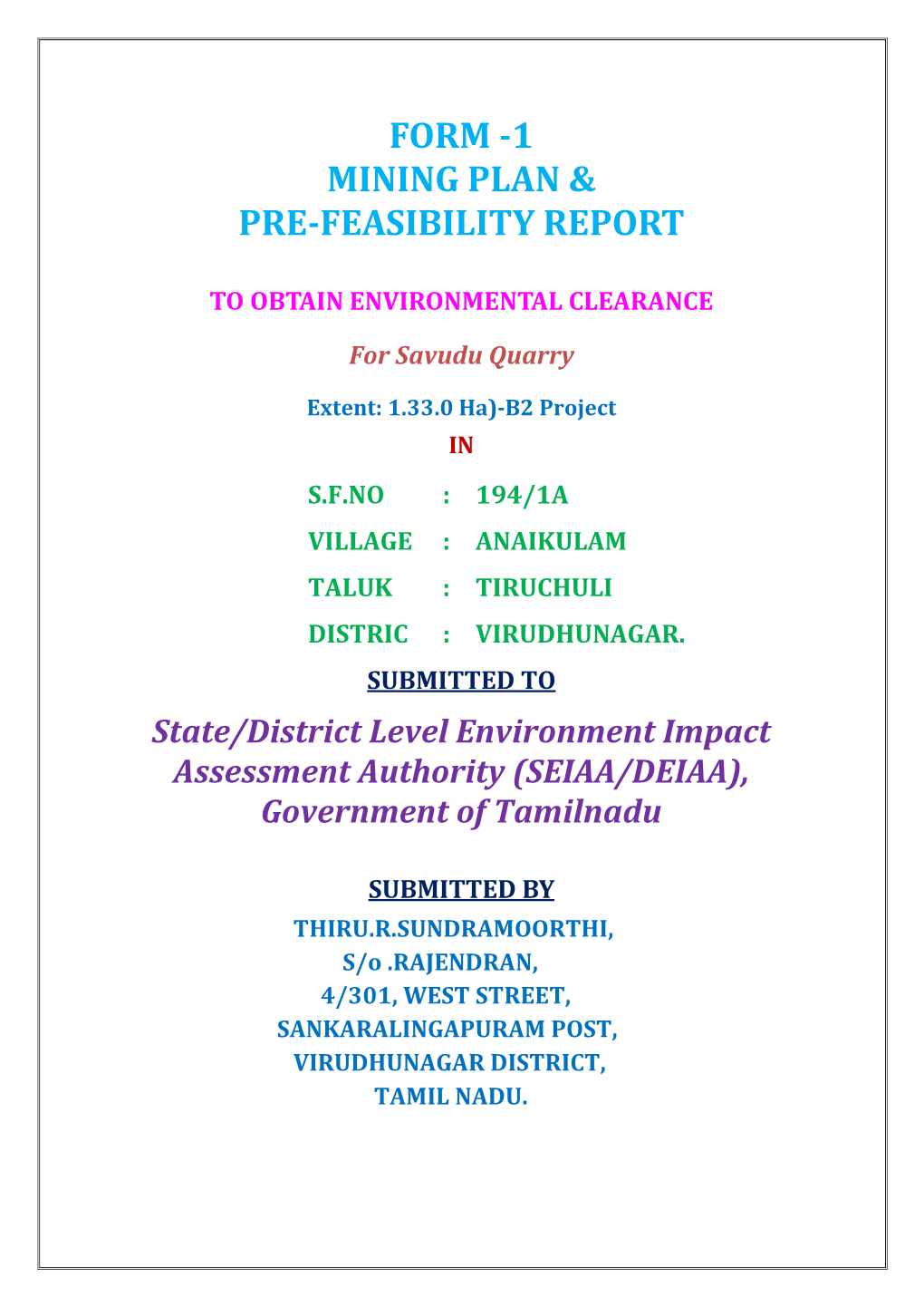 Form -1 Mining Plan & Pre-Feasibility Report