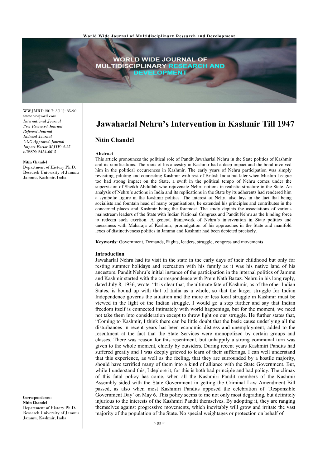 Jawaharlal Nehru's Intervention in Kashmir Till 1947