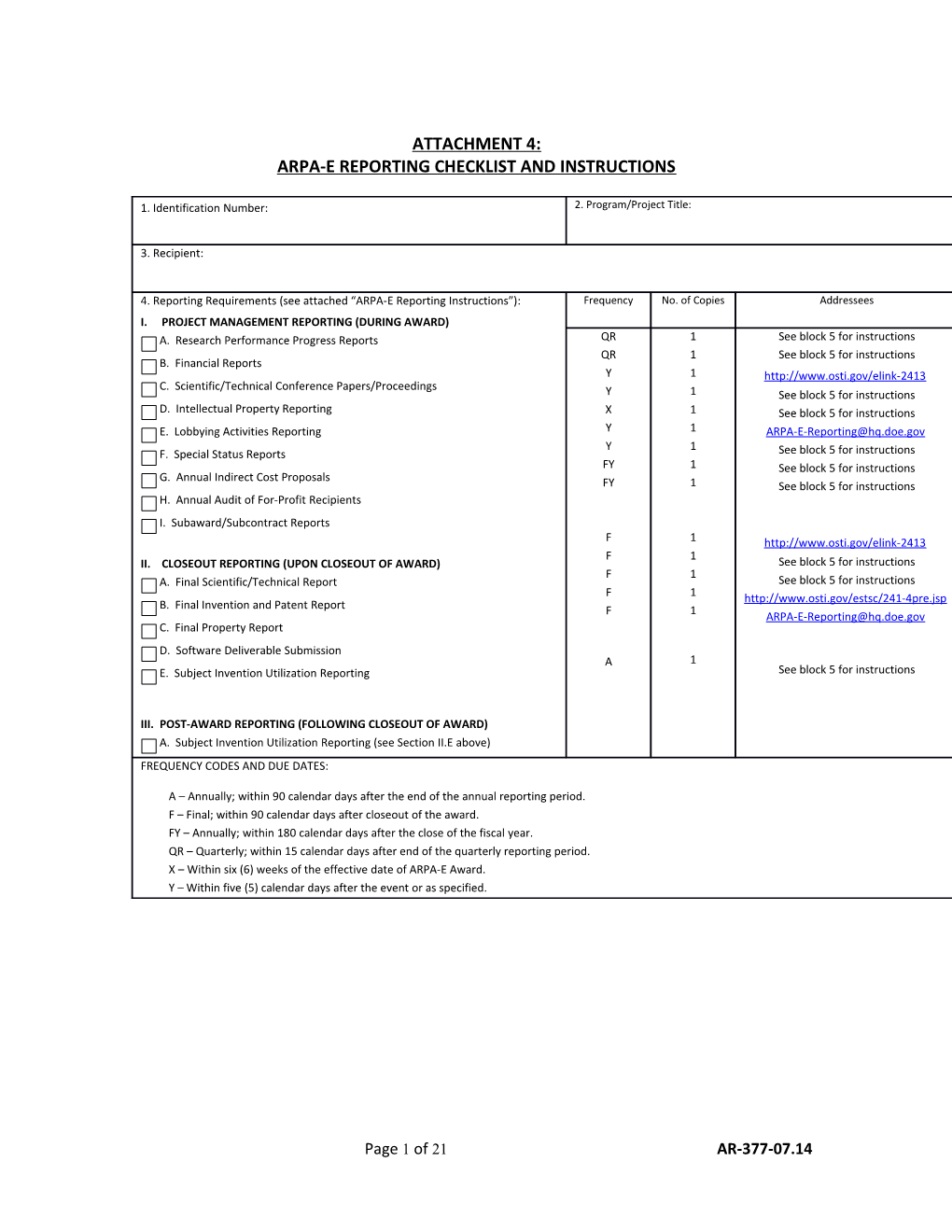 Arpa-E Reporting Checklist and Instructions