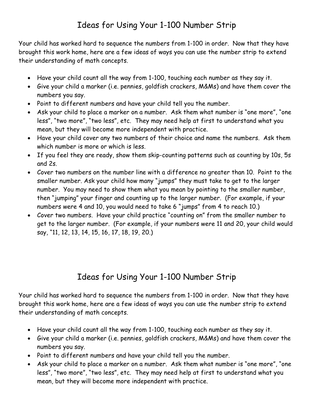 Ideas for Using Your 1-100 Number Strip