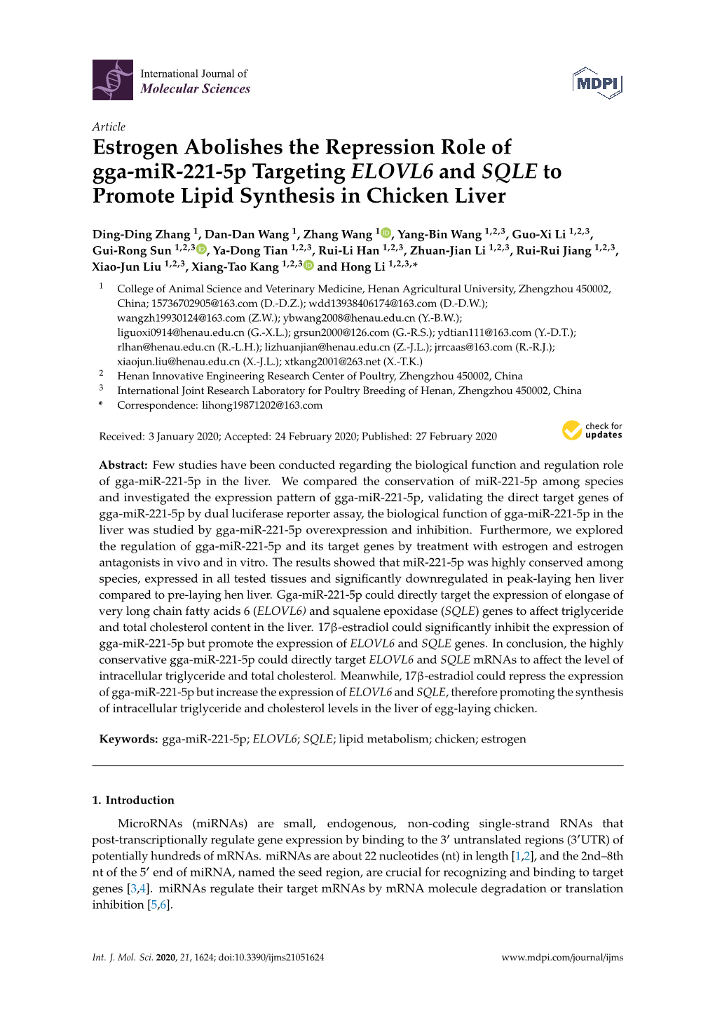 Estrogen Abolishes the Repression Role of Gga-Mir-221-5P Targeting ELOVL6 and SQLE to Promote Lipid Synthesis in Chicken Liver