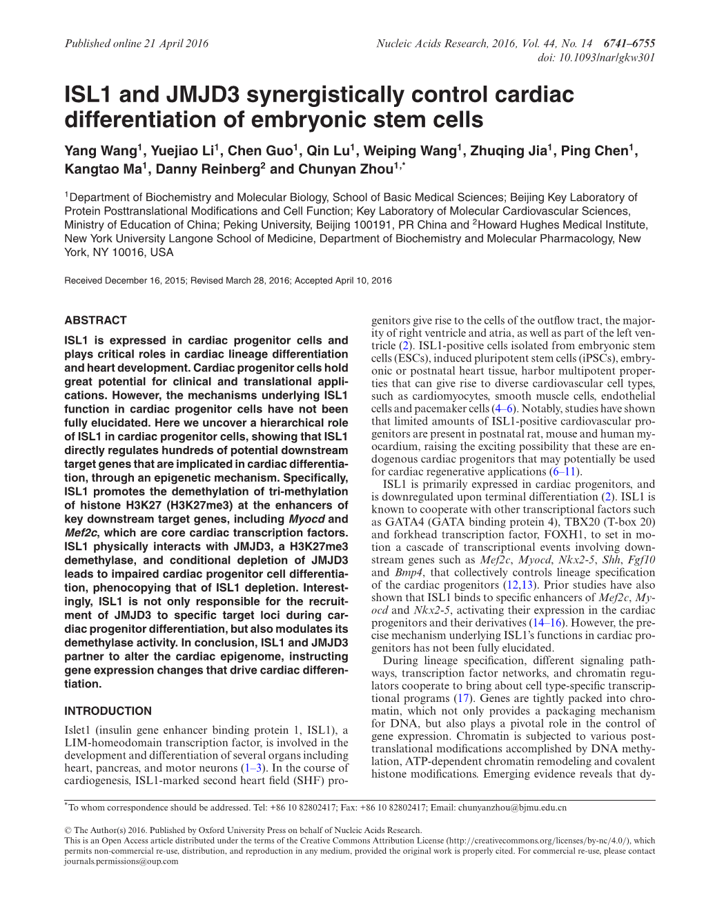 ISL1 and JMJD3 Synergistically Control Cardiac Differentiation of Embryonic Stem Cells