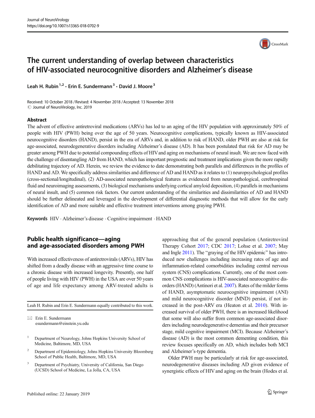 The Current Understanding of Overlap Between Characteristics of HIV-Associated Neurocognitive Disorders and Alzheimer’S Disease