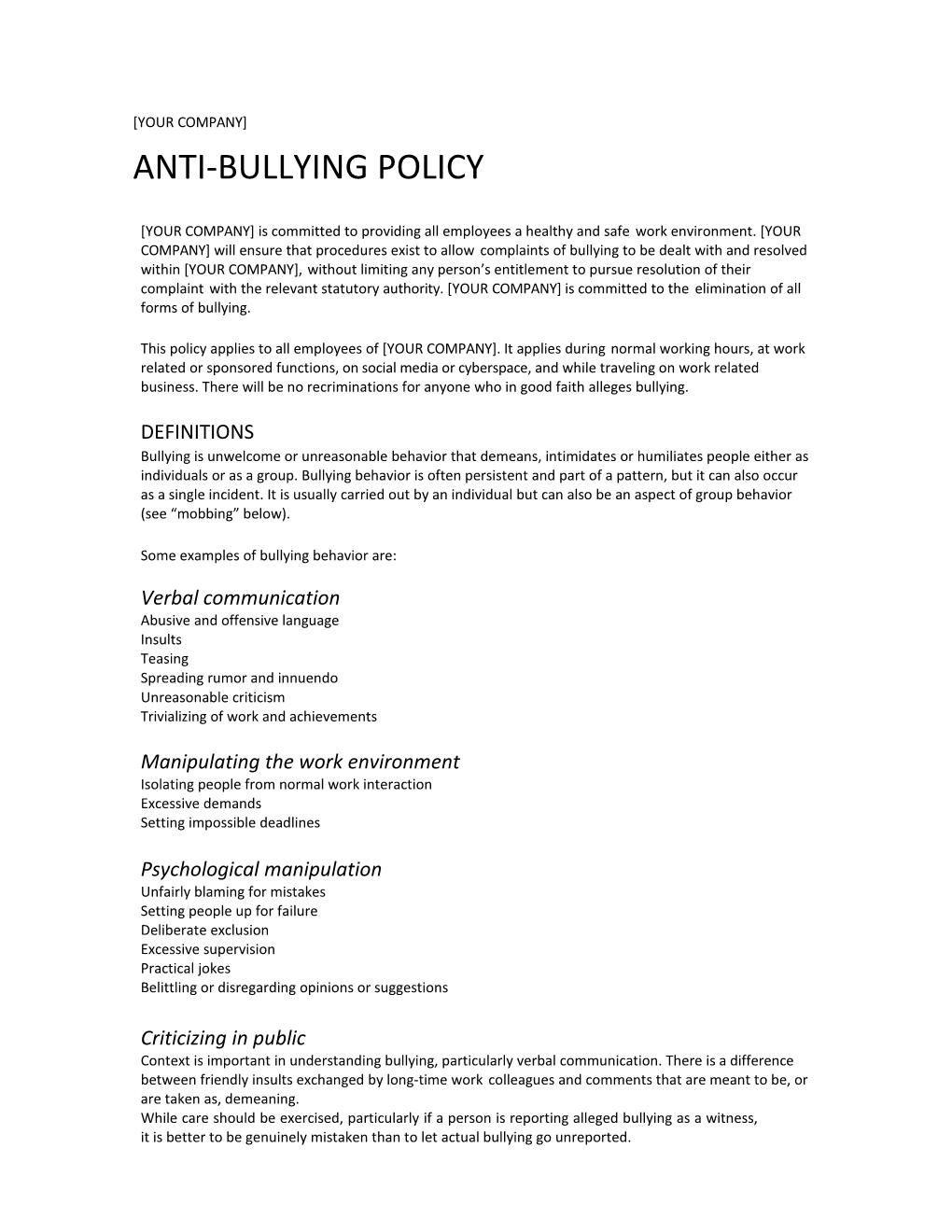 Anti-Bullying Policy