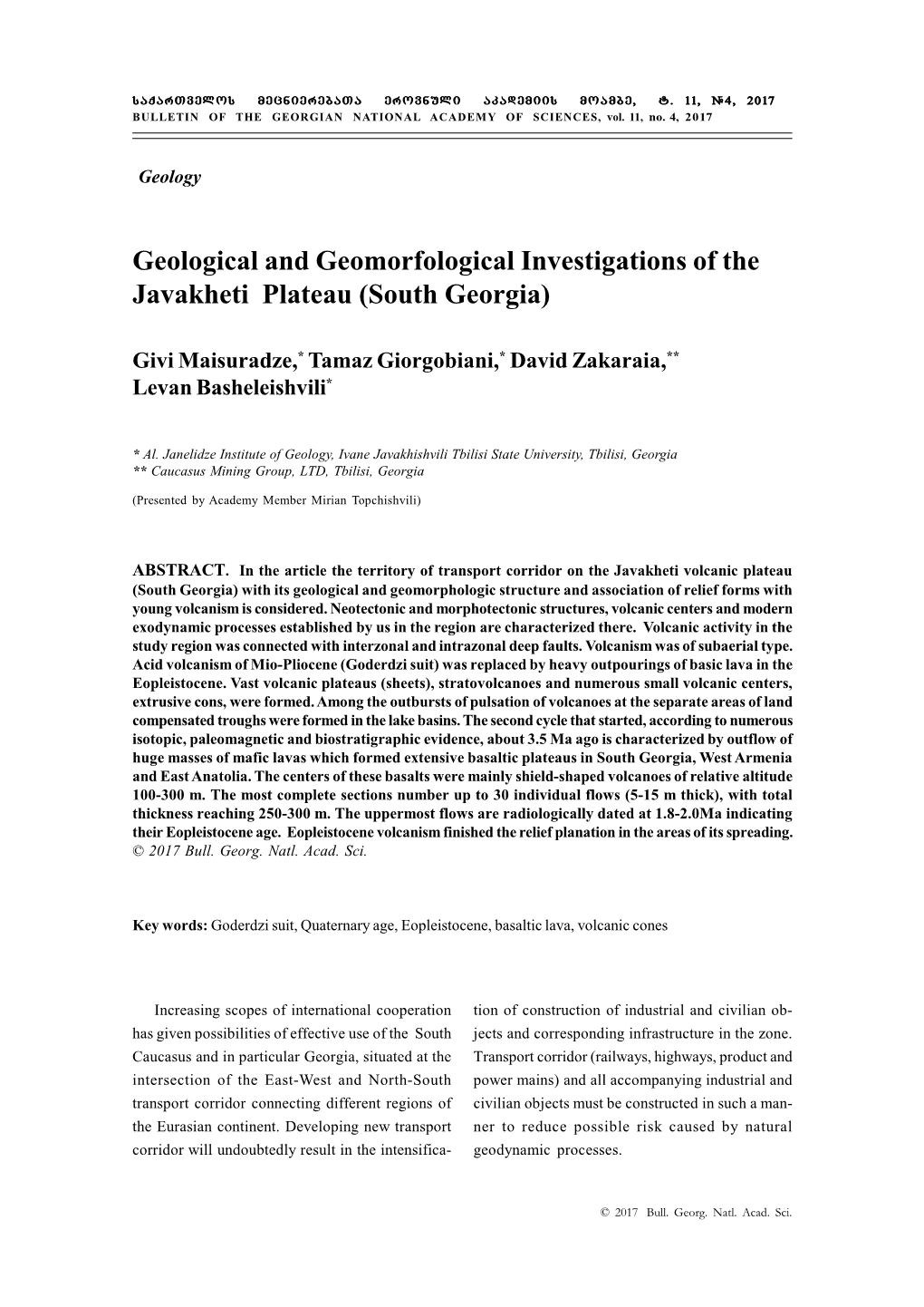 Geological and Geomorfological Investigations of the Javakheti Plateau (South Georgia)