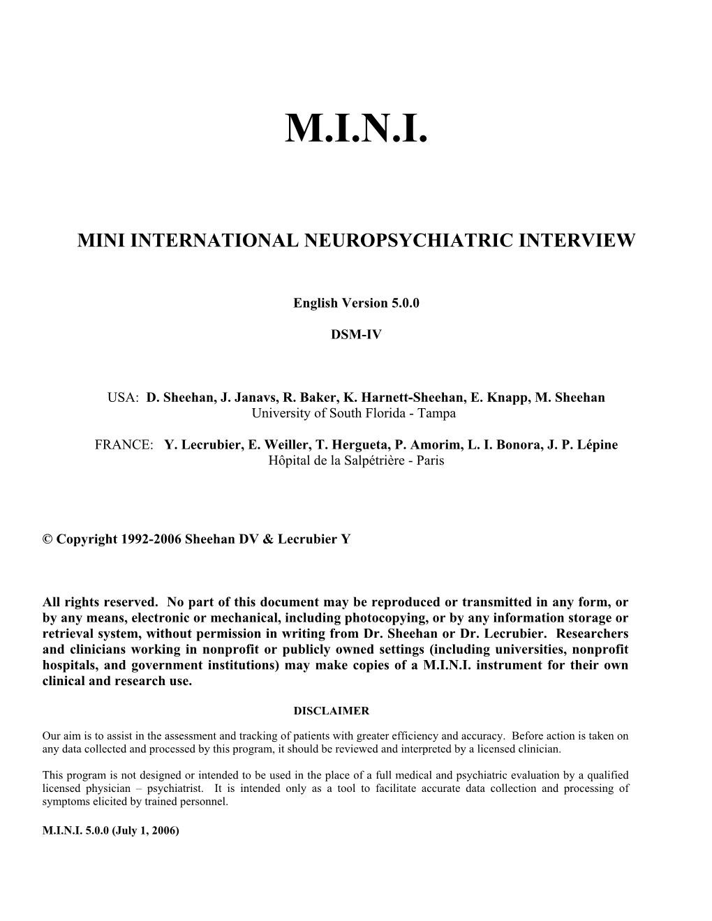 Mini Mini International Neuropsychiatric Interview