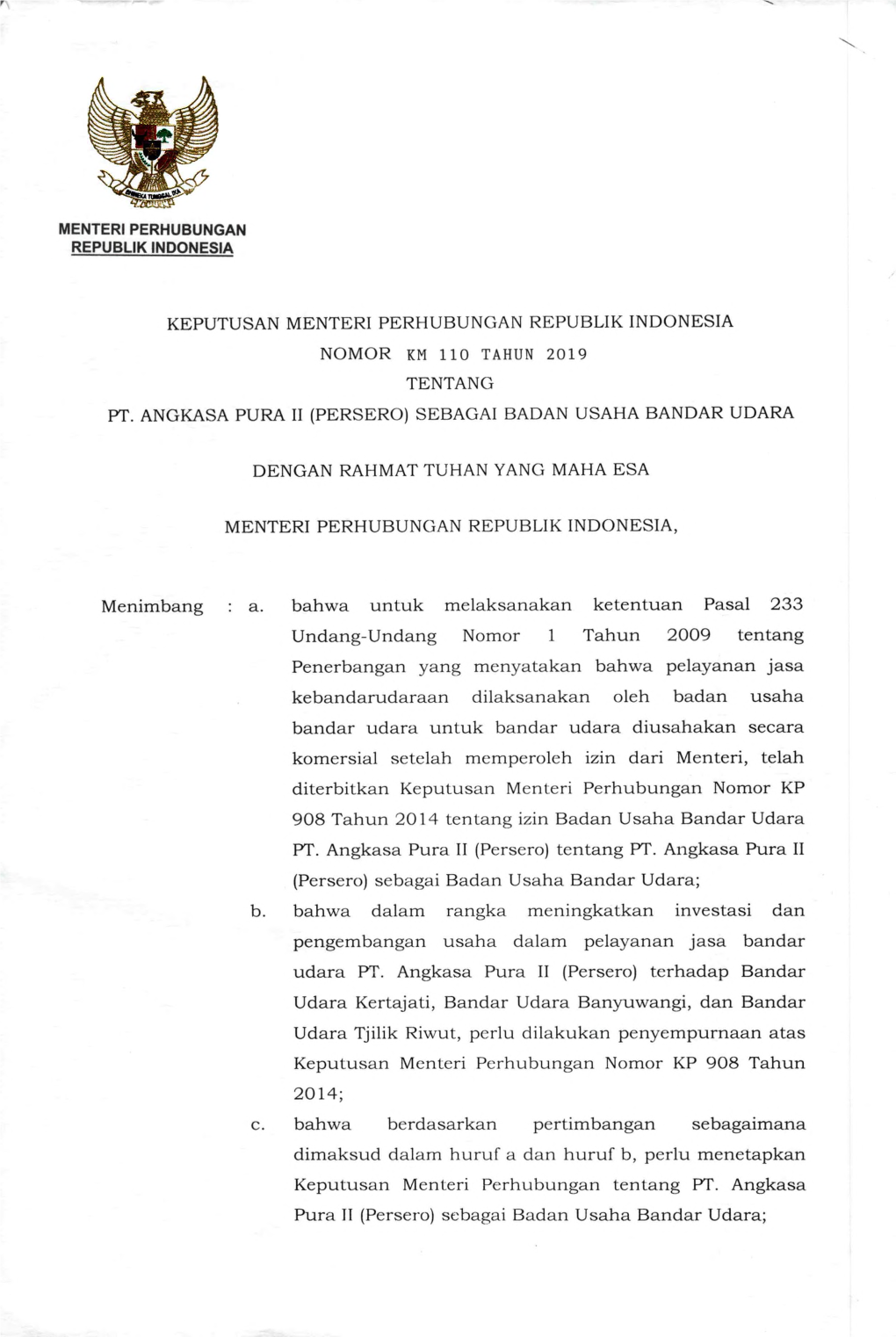 Keputusan Menteri Perhubungan Republik Indonesia Nomor Km 110 Tahun 2019 Tentang Pt